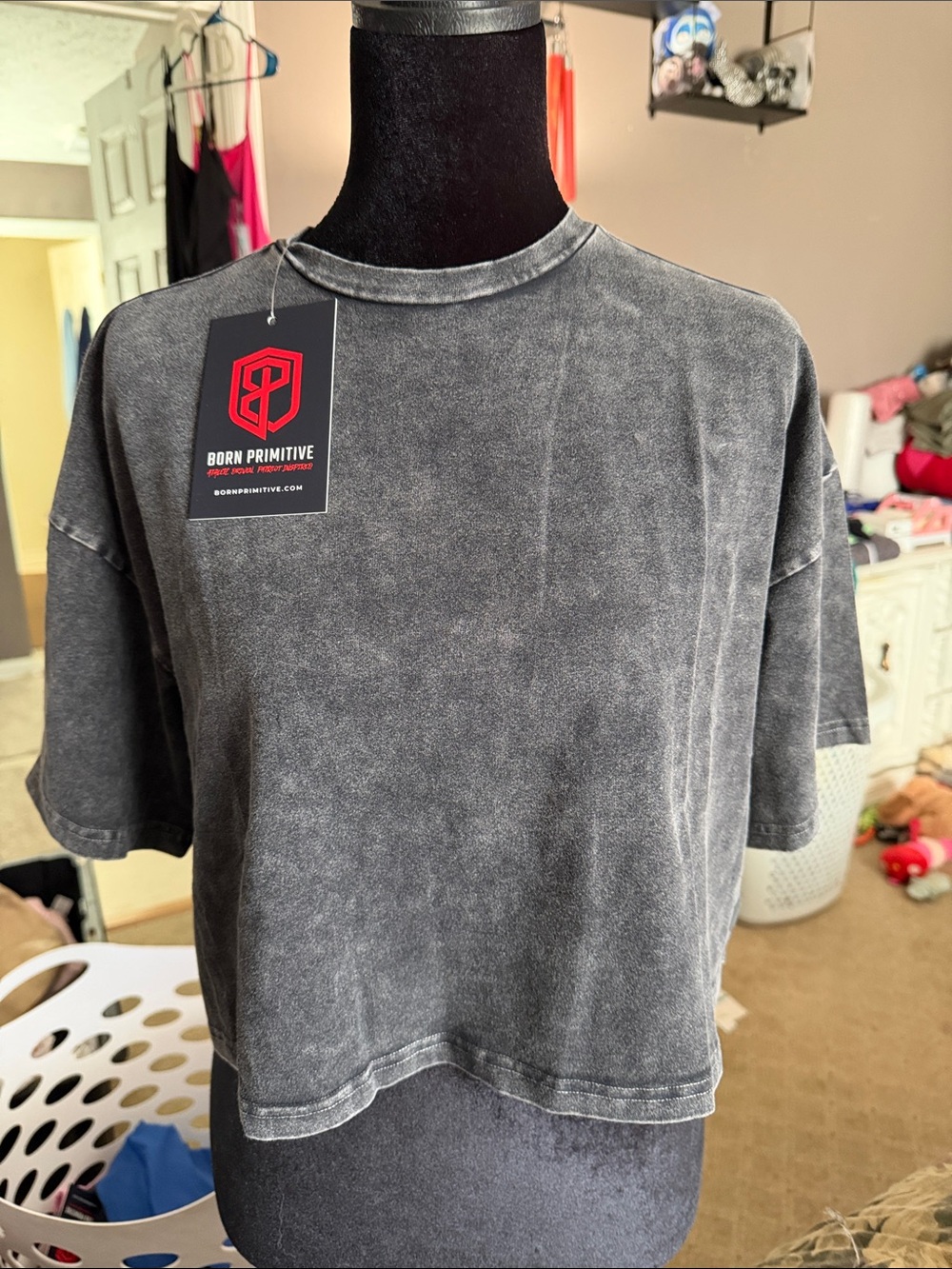 Born Primitive Women's Short Sleeve Mineral Wash Charcoal Cropped Tee